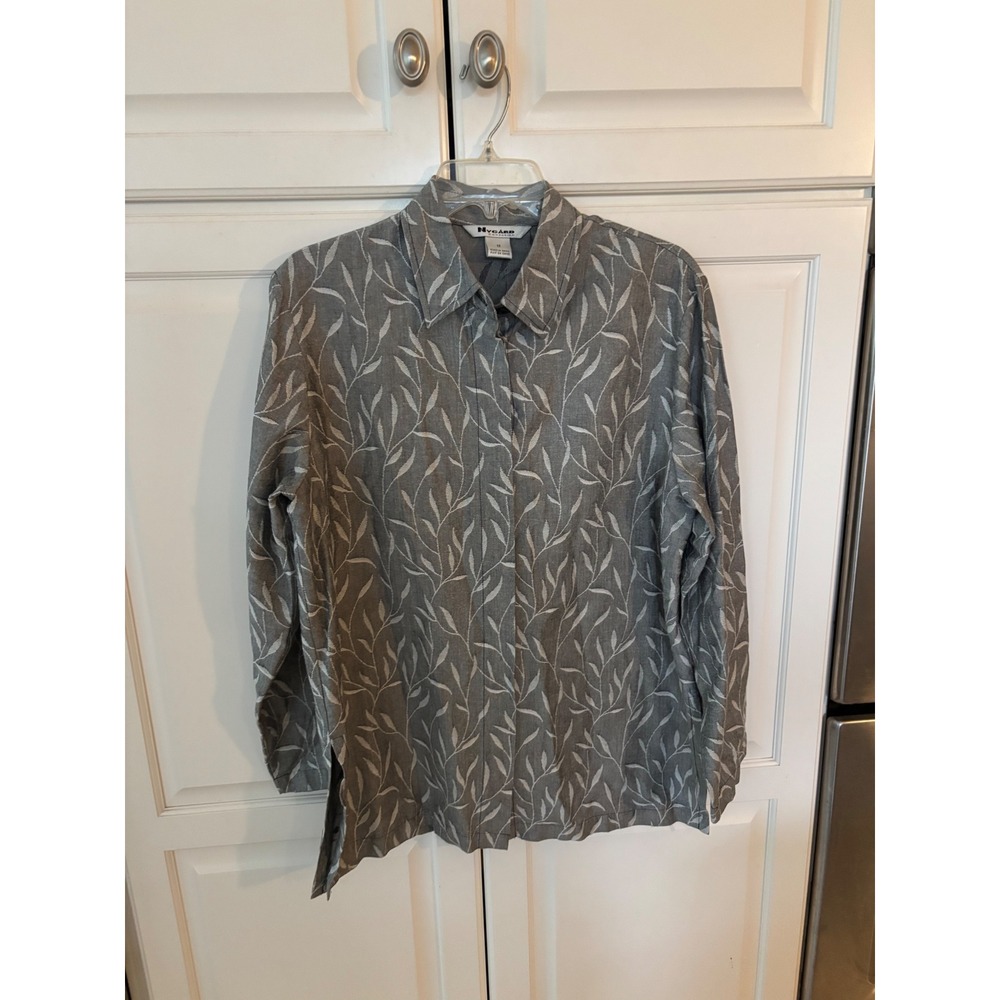Nygard Collection Gray Leaf Print Linen‎ Blend Button Down Blouse Top Womens 12